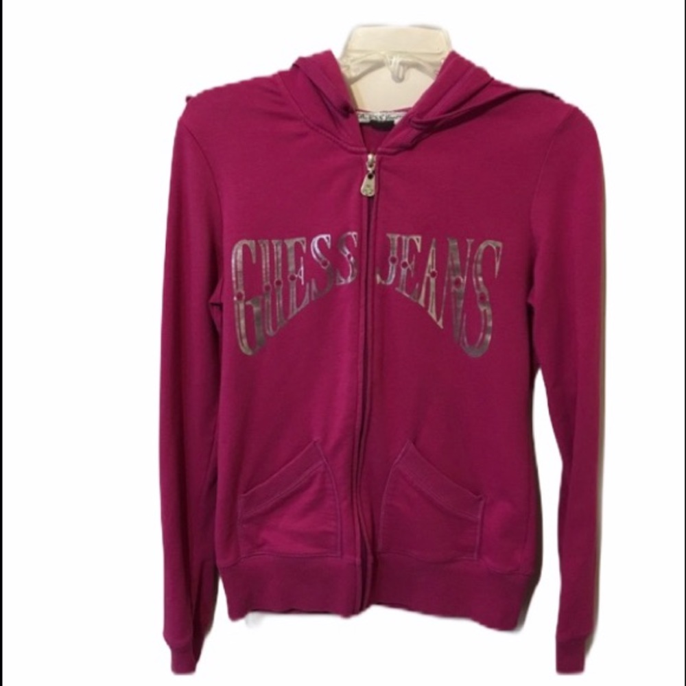 GUESS Jeans Full Zip Hoodie Dark Pink Pockets Size Large